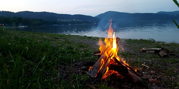 fire pit by lake